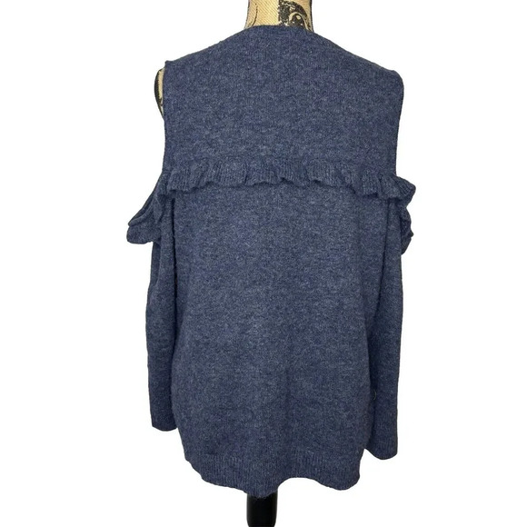 LOFT Sweater Blue Cold Shoulder Ruffle Fuzzy Stretch Long Sleeve‎ Womens Sz XL - Picture 3 of 7